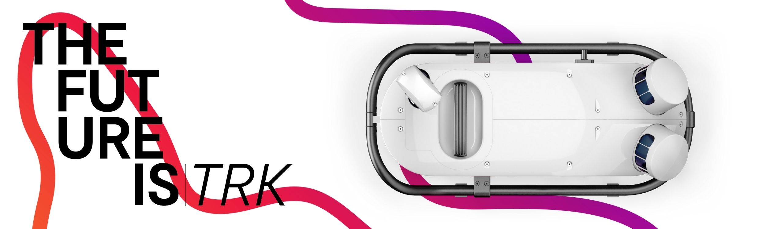 Bannière promotionnelle du Leica Pegasus TRK100, avec le texte en noir « LE FUTUR EST TRK », représentation d’une vague en couleur et vue du haut du système Pegasus TRK100.